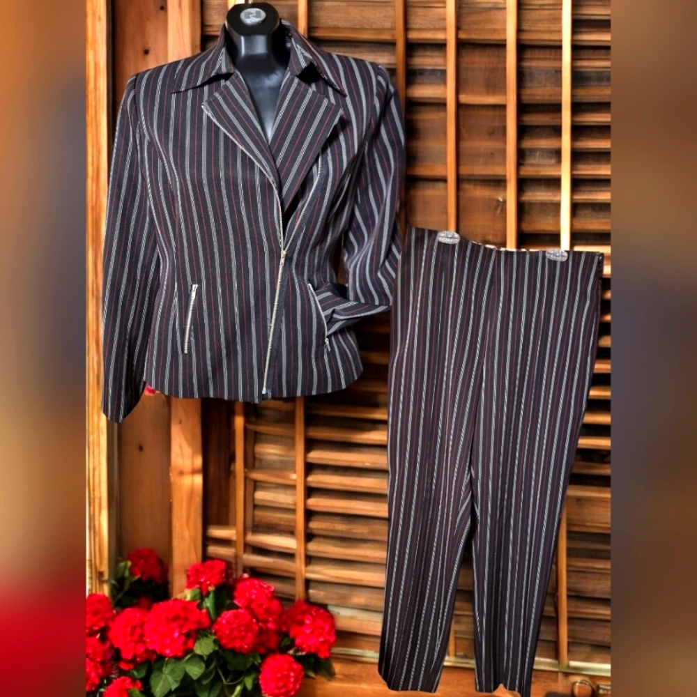 W.D.N.Y. Black Red & White Pinstripe Women's Blazer & Pants Suit  Leopard Lining
